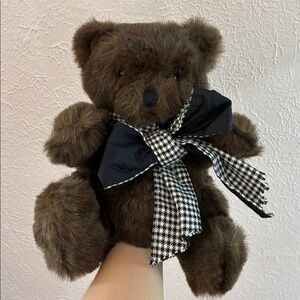 Vintage Hand Puppet Brown Bear with checker bow